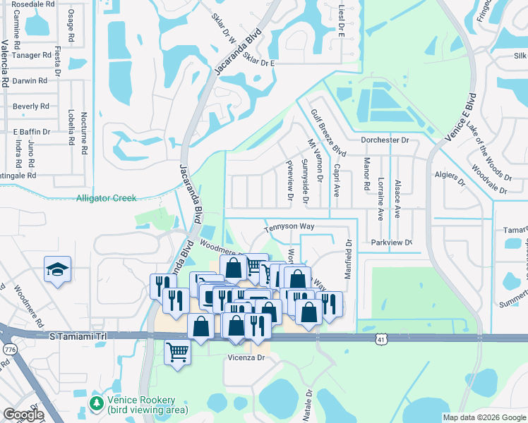 map of restaurants, bars, coffee shops, grocery stores, and more near 380 Pineview Drive in Venice
