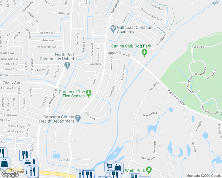 map of restaurants, bars, coffee shops, grocery stores, and more near 3849 Lullaby Road in North Port