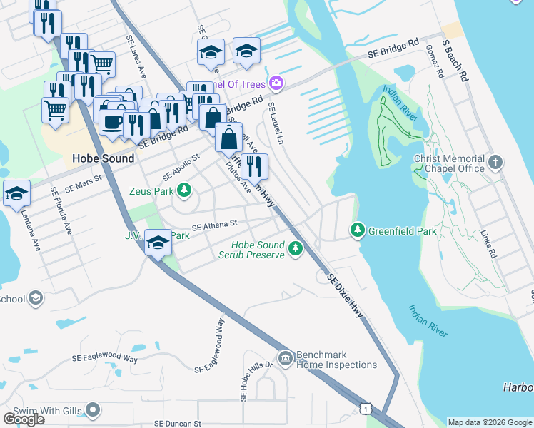 map of restaurants, bars, coffee shops, grocery stores, and more near 9455 Southeast Athena Street in Hobe Sound