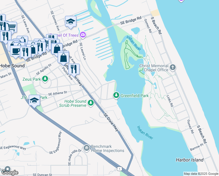 map of restaurants, bars, coffee shops, grocery stores, and more near 12121 Southeast Heckler Drive in Hobe Sound