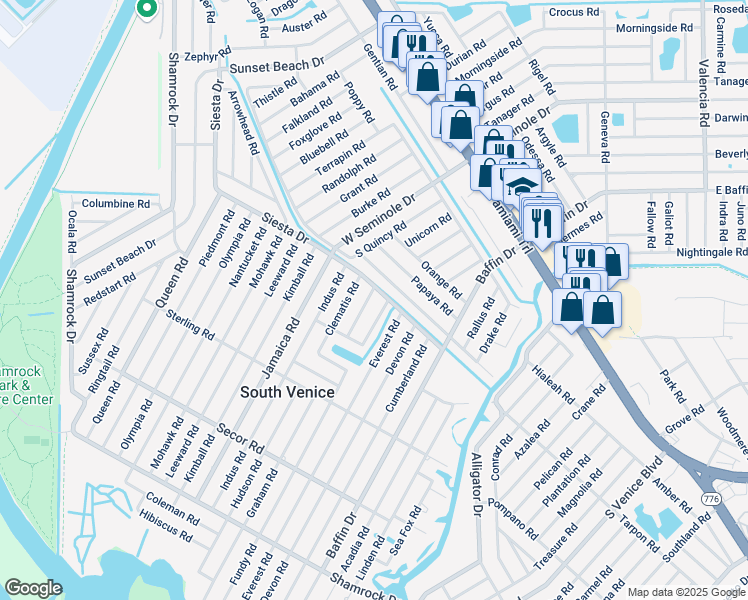 map of restaurants, bars, coffee shops, grocery stores, and more near 611 Mobile Road in Venice