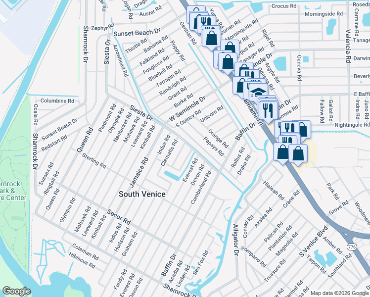 map of restaurants, bars, coffee shops, grocery stores, and more near 611 Mobile Road in Venice