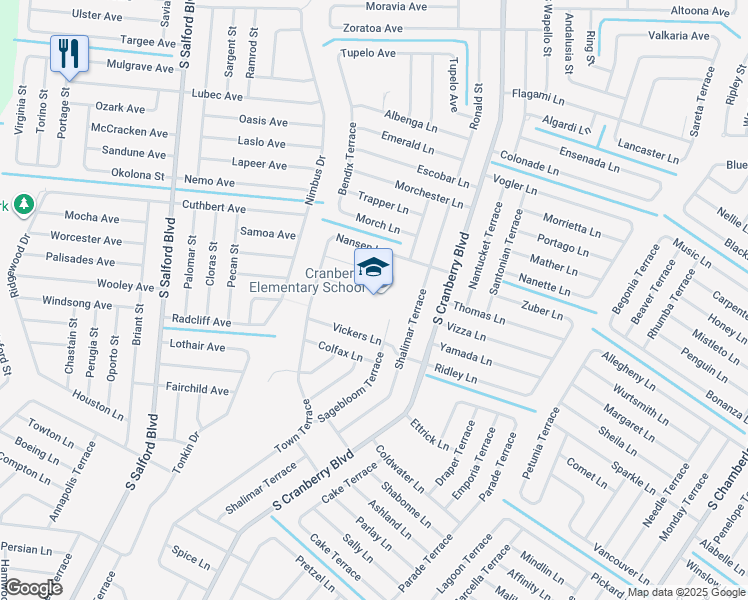 map of restaurants, bars, coffee shops, grocery stores, and more near 2775 Shalimar Terrace in North Port