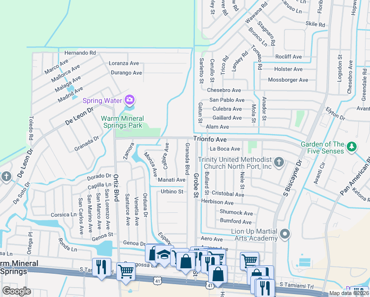map of restaurants, bars, coffee shops, grocery stores, and more near 448 Granada Boulevard in North Port