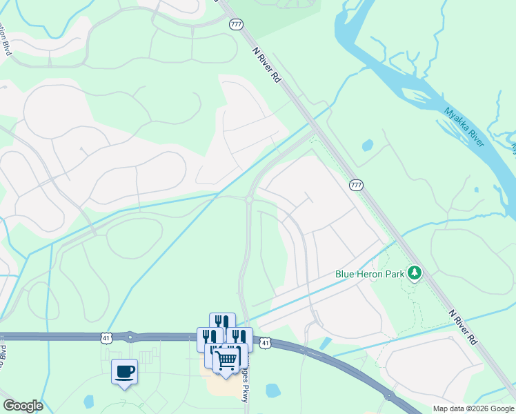 map of restaurants, bars, coffee shops, grocery stores, and more near West Villages Parkway in Venice