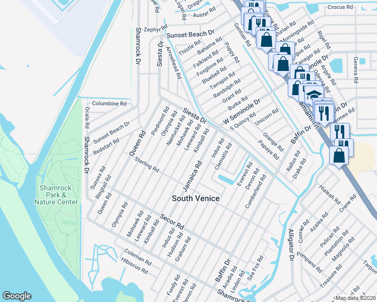 map of restaurants, bars, coffee shops, grocery stores, and more near 856 Leeward Road in Venice