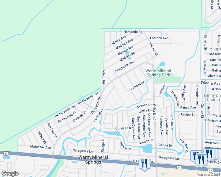 map of restaurants, bars, coffee shops, grocery stores, and more near 12044 De Soto Drive in Venice