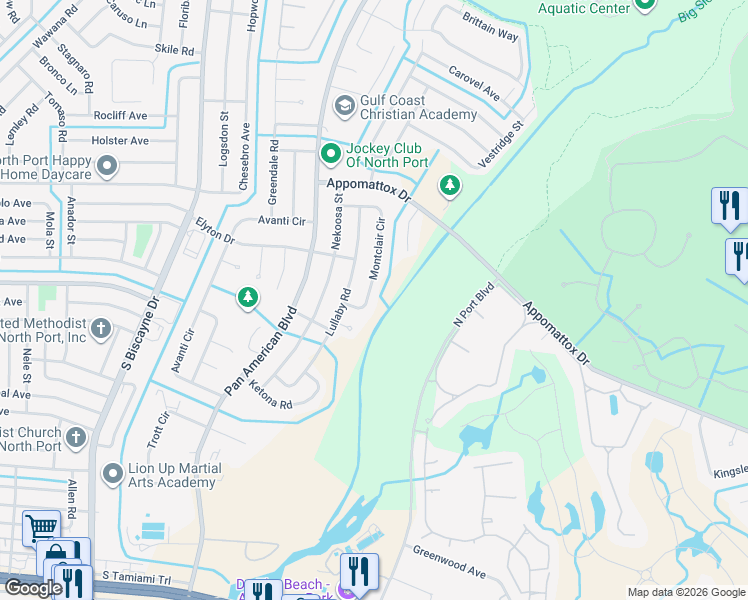 map of restaurants, bars, coffee shops, grocery stores, and more near 3589 Montclair Circle in North Port