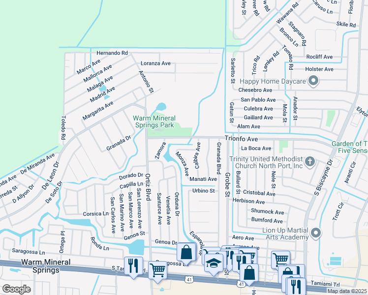 map of restaurants, bars, coffee shops, grocery stores, and more near 12306 Harland Avenue in North Port