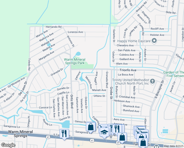 map of restaurants, bars, coffee shops, grocery stores, and more near 12306 Harland Avenue in North Port