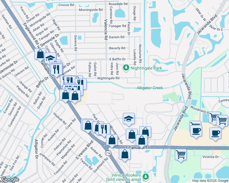 map of restaurants, bars, coffee shops, grocery stores, and more near 552 Nightingale Rd in Venice