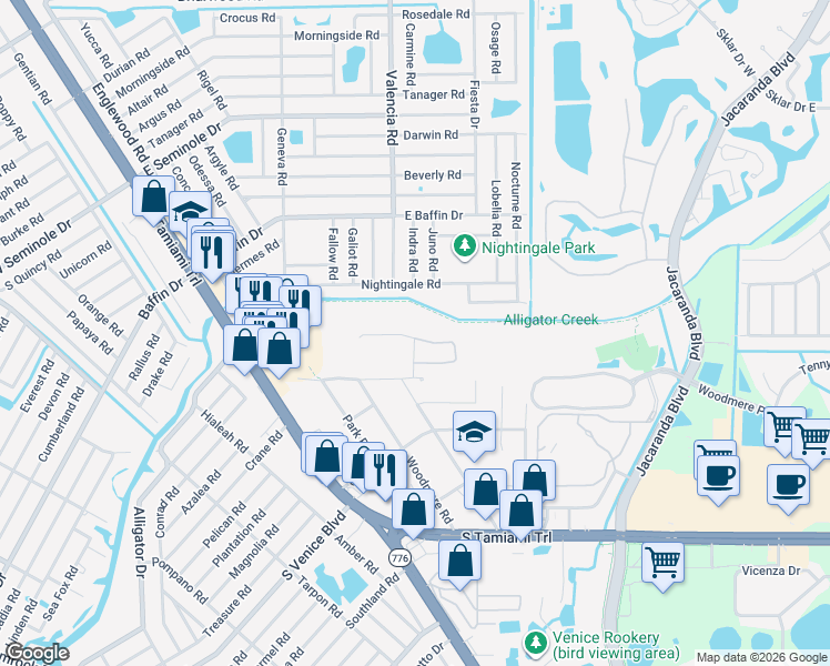 map of restaurants, bars, coffee shops, grocery stores, and more near 552 Nightingale Rd in Venice