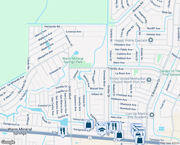 map of restaurants, bars, coffee shops, grocery stores, and more near 12306 Harland Avenue in North Port
