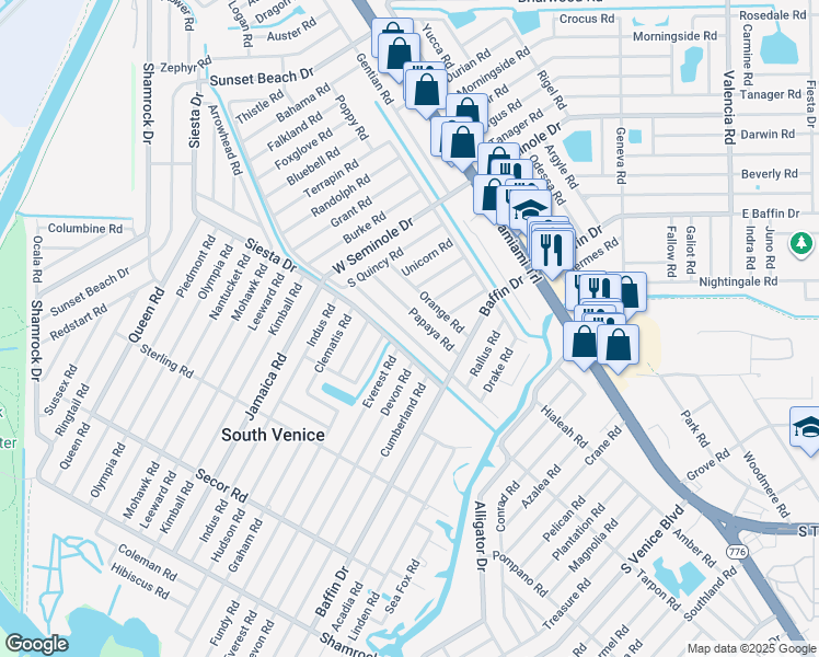 map of restaurants, bars, coffee shops, grocery stores, and more near 3433 Roslyn Road in Venice