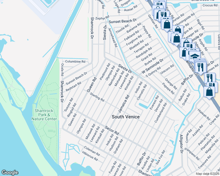 map of restaurants, bars, coffee shops, grocery stores, and more near 961 Nantucket Road in Venice