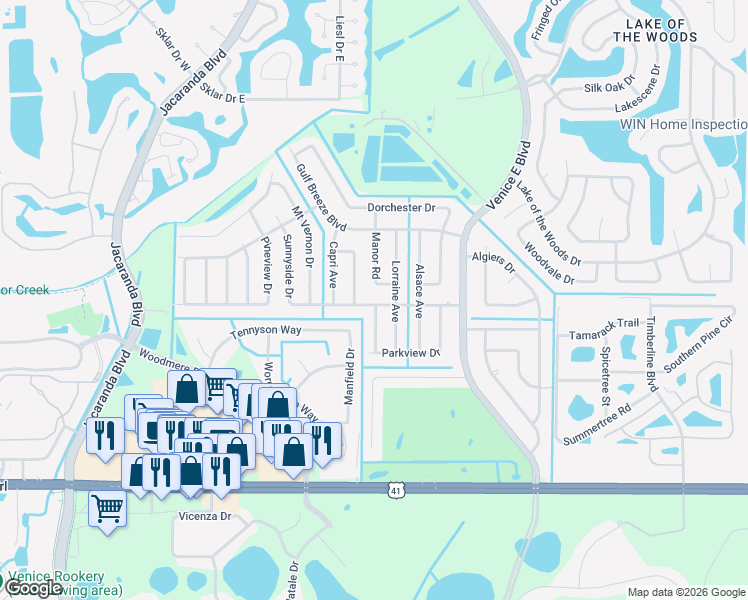map of restaurants, bars, coffee shops, grocery stores, and more near 354356 Sunnyside Drive in Venice