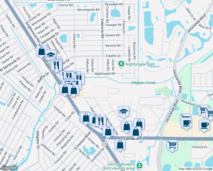 map of restaurants, bars, coffee shops, grocery stores, and more near 552 Nightingale Rd in Venice