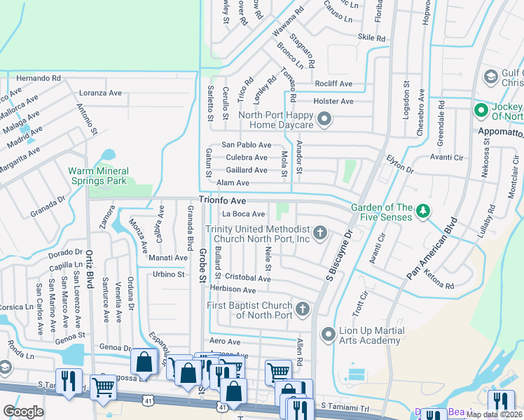 map of restaurants, bars, coffee shops, grocery stores, and more near 8442 La Boca Avenue in North Port