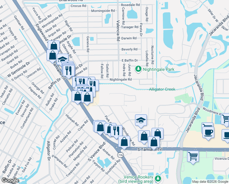map of restaurants, bars, coffee shops, grocery stores, and more near 450 Nightingale Road in Venice