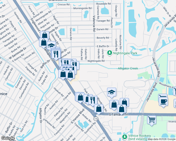map of restaurants, bars, coffee shops, grocery stores, and more near 450 Nightingale Road in Venice
