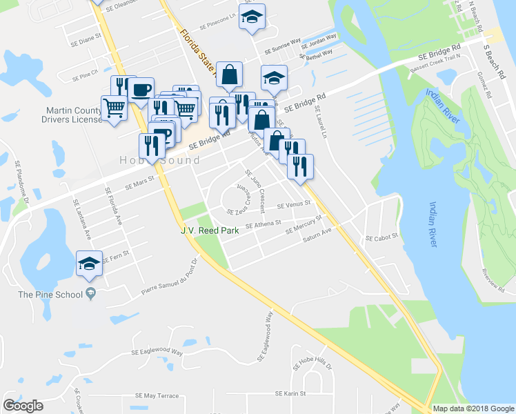 map of restaurants, bars, coffee shops, grocery stores, and more near 9205 Southeast Venus Street in Hobe Sound