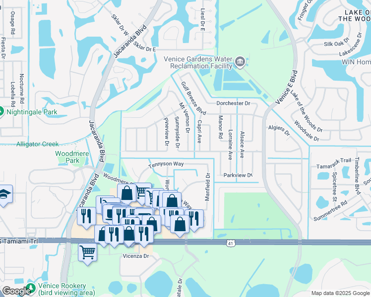 map of restaurants, bars, coffee shops, grocery stores, and more near 241 Mount Vernon Drive in Venice
