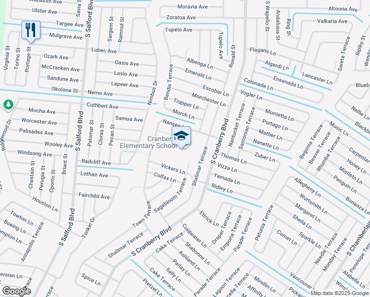 map of restaurants, bars, coffee shops, grocery stores, and more near 2775 Shalimar Terrace in North Port
