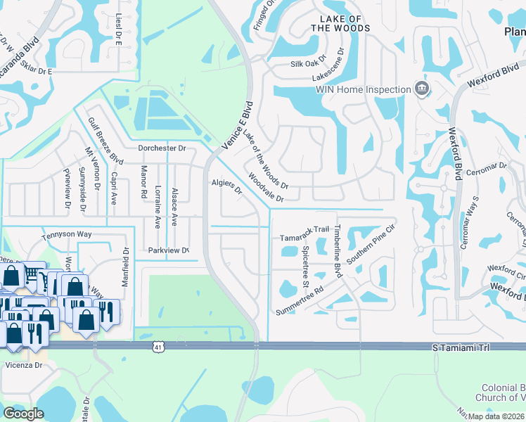 map of restaurants, bars, coffee shops, grocery stores, and more near 216 Algiers Drive in Venice