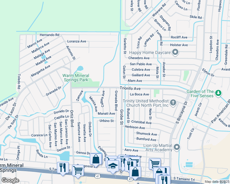 map of restaurants, bars, coffee shops, grocery stores, and more near 448 Granada Boulevard in North Port