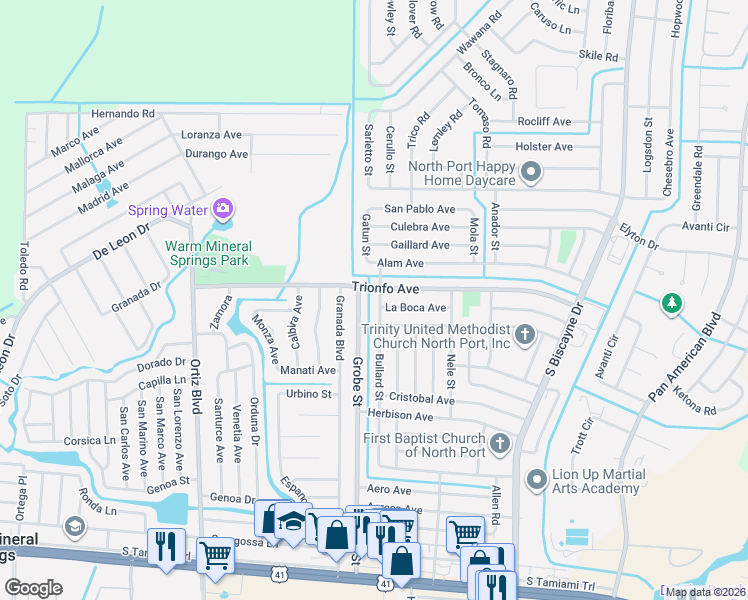 map of restaurants, bars, coffee shops, grocery stores, and more near 4147 Bullard Street in North Port