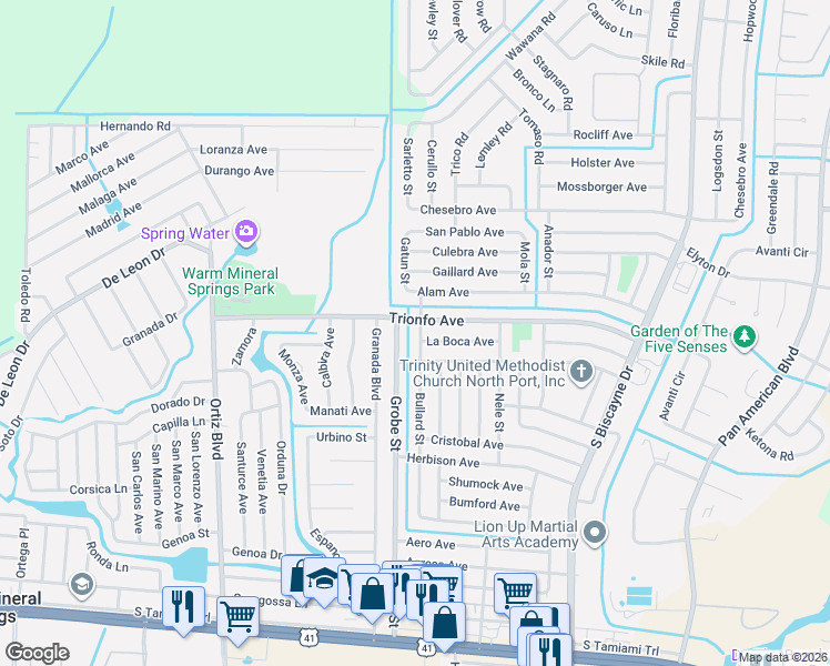 map of restaurants, bars, coffee shops, grocery stores, and more near 4147 Bullard Street in North Port