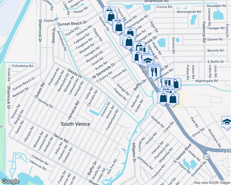 map of restaurants, bars, coffee shops, grocery stores, and more near 3402 Papaya Road in Venice