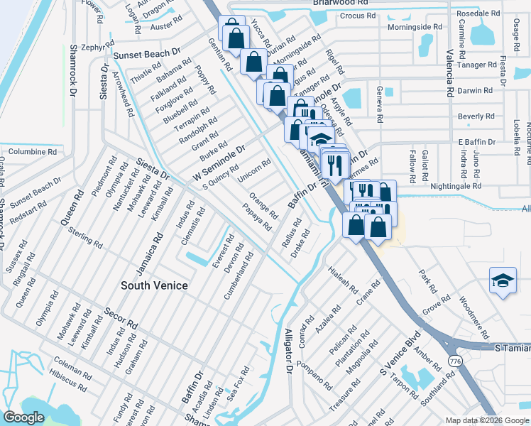 map of restaurants, bars, coffee shops, grocery stores, and more near 3404 Orange Road in Venice