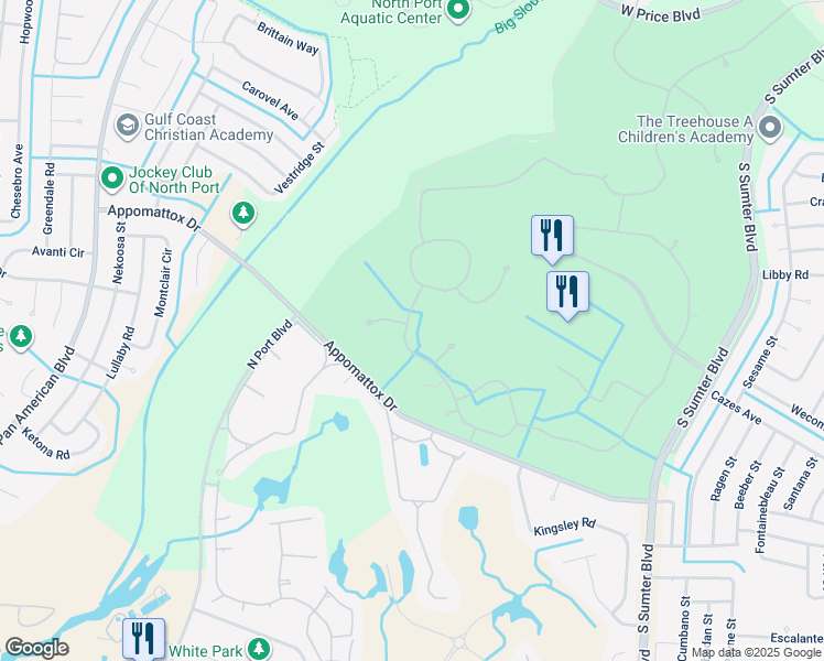 map of restaurants, bars, coffee shops, grocery stores, and more near 5704 Whispering Oaks Drive in North Port
