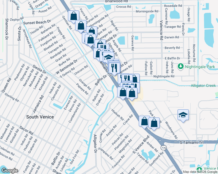 map of restaurants, bars, coffee shops, grocery stores, and more near 3384 Virginia Road in Venice