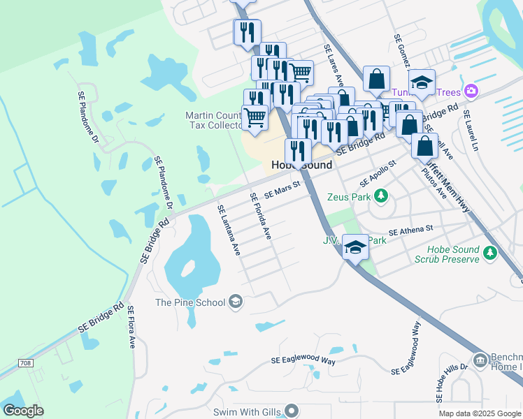 map of restaurants, bars, coffee shops, grocery stores, and more near 8557 Southeast Neptune Street in Hobe Sound