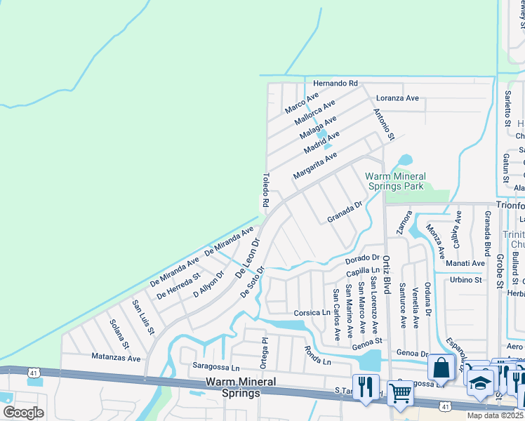 map of restaurants, bars, coffee shops, grocery stores, and more near 502 Toledo Road in North Port
