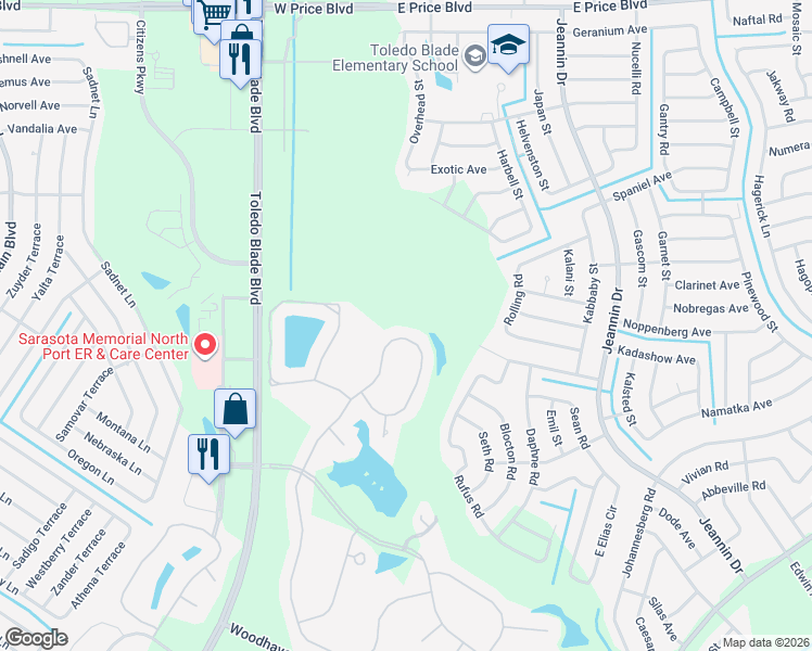 map of restaurants, bars, coffee shops, grocery stores, and more near 2135 Silver Palm Road in North Port