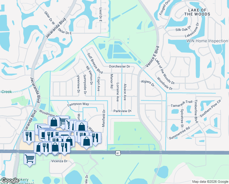 map of restaurants, bars, coffee shops, grocery stores, and more near 354356 Sunnyside Drive in Venice