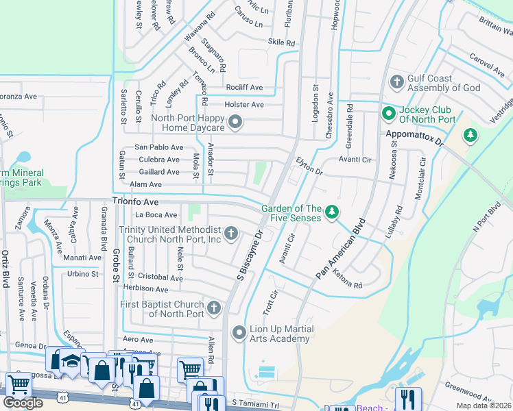 map of restaurants, bars, coffee shops, grocery stores, and more near 8061 Trionfo Avenue in North Port