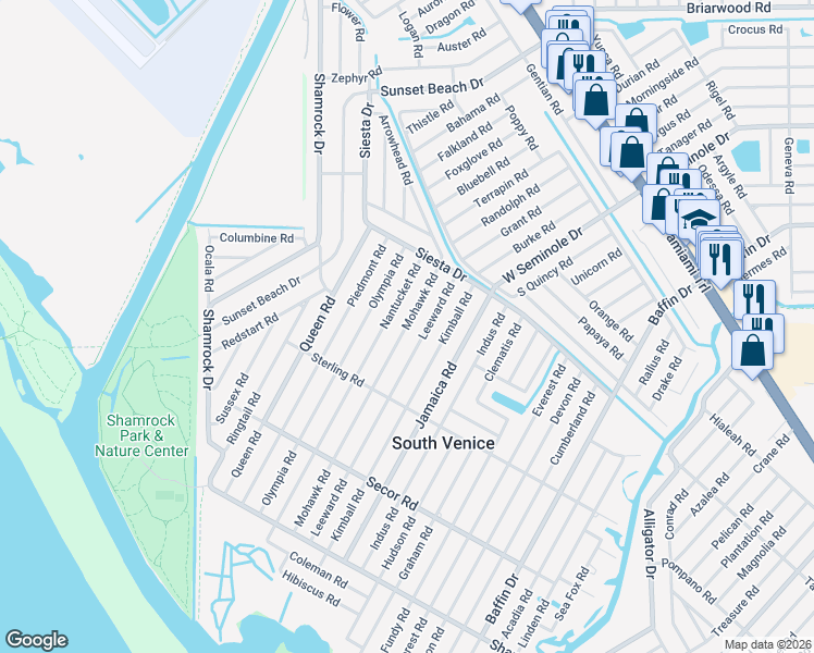 map of restaurants, bars, coffee shops, grocery stores, and more near 856 Leeward Road in Venice