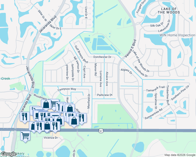 map of restaurants, bars, coffee shops, grocery stores, and more near 354356 Sunnyside Drive in Venice
