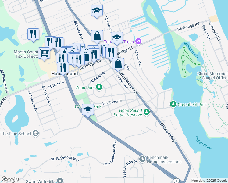map of restaurants, bars, coffee shops, grocery stores, and more near 9205 Southeast Venus Street in Hobe Sound