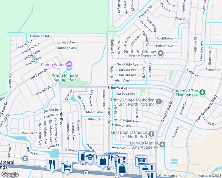 map of restaurants, bars, coffee shops, grocery stores, and more near 4010 Grobe Street in North Port