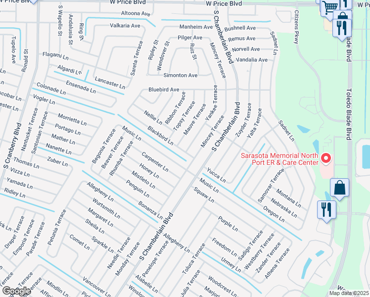 map of restaurants, bars, coffee shops, grocery stores, and more near 218 Blackbird Lane in North Port