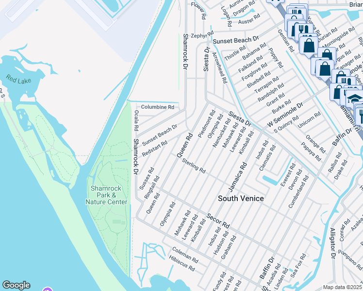 map of restaurants, bars, coffee shops, grocery stores, and more near 1164 Queen Road in Venice