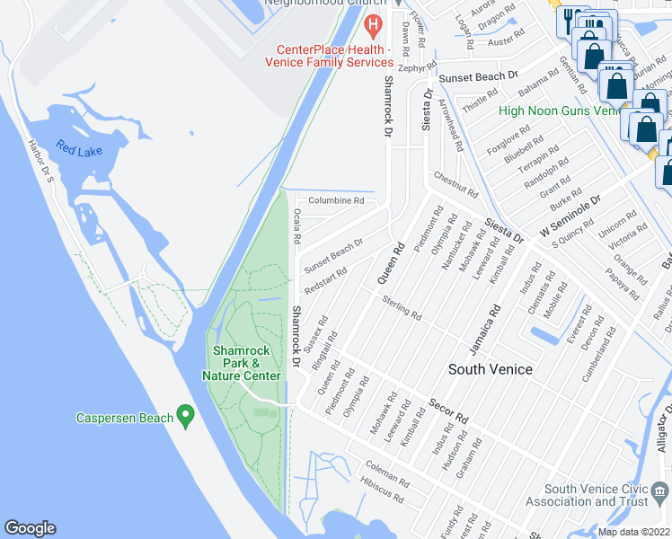 map of restaurants, bars, coffee shops, grocery stores, and more near 1247 Sussex Road in Venice