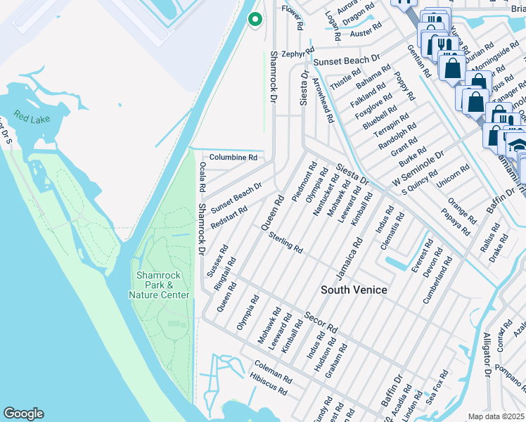 map of restaurants, bars, coffee shops, grocery stores, and more near 1164 Queen Road in Venice