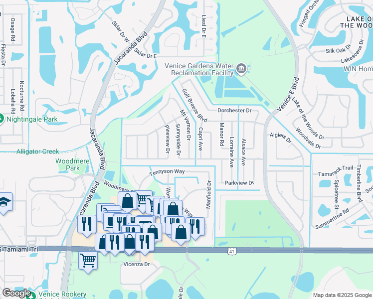 map of restaurants, bars, coffee shops, grocery stores, and more near 241 Mount Vernon Drive in Venice