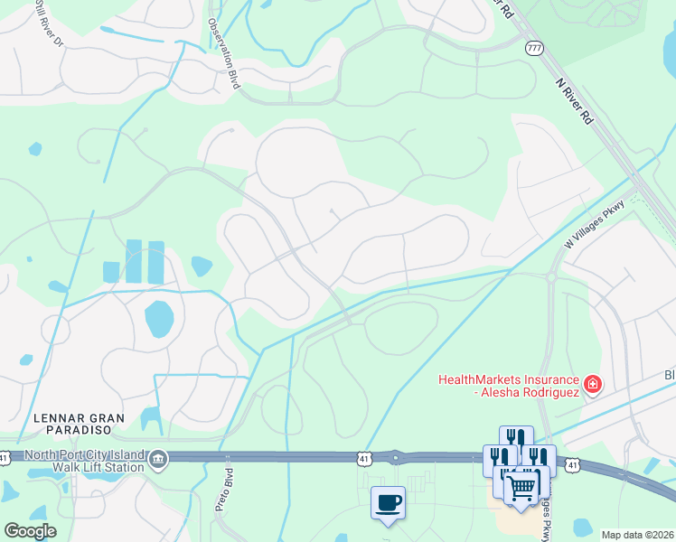 map of restaurants, bars, coffee shops, grocery stores, and more near 12671 Felice Drive in Venice
